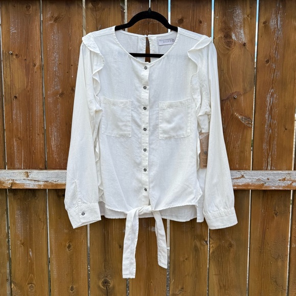 Elegant White Button-Down Blouse with Ruffle Details - Picture 1 of 6